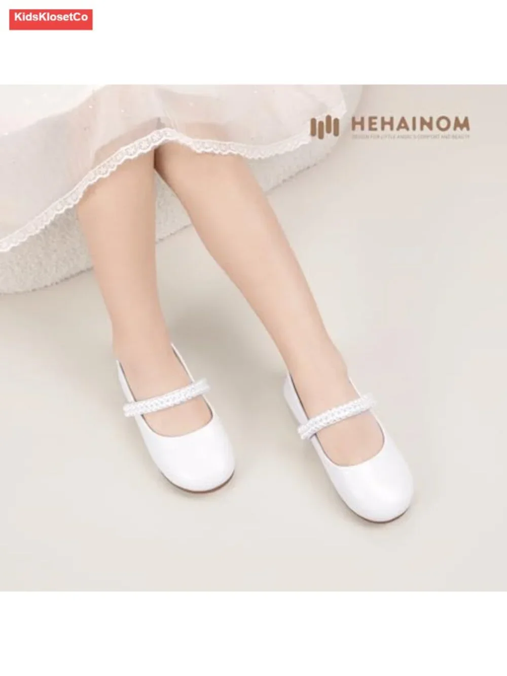 Toddler Mary Jane Princess Flats with Bow and Pearls, Round Toe, Slip On